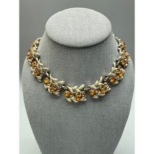 Vintage MCM Gold Tone Leaf Link Choker Necklace 14" Orange Brown Rhinestones